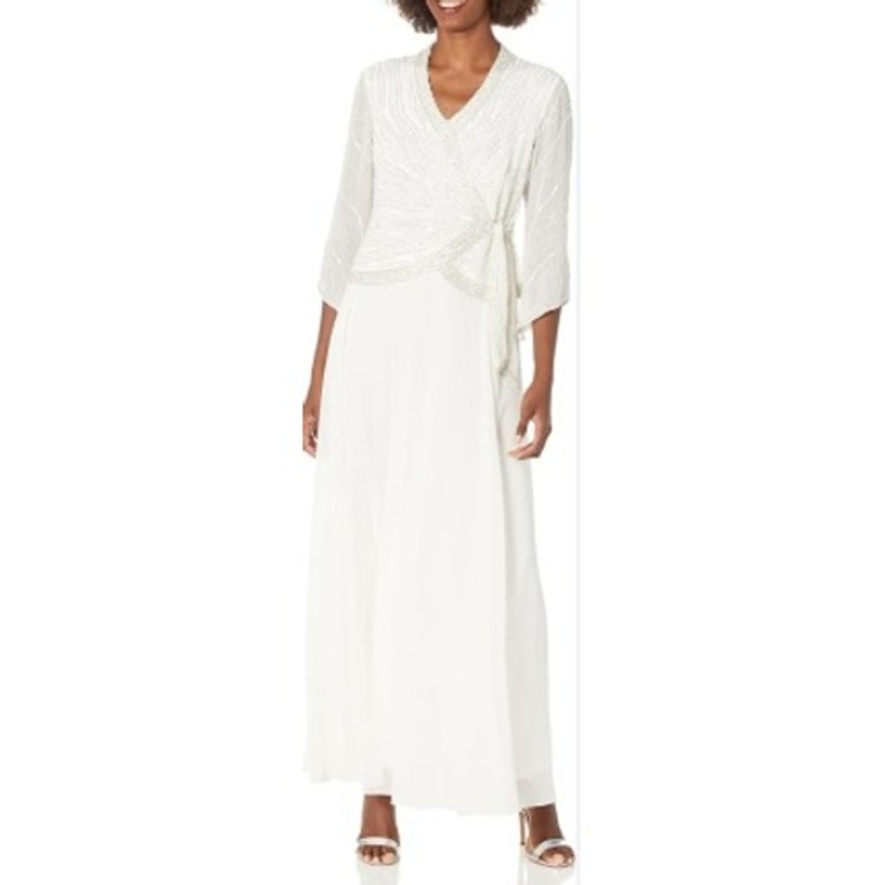 JKara Ivory Beaded Faux Wrap Formal Gown Dress Size 18 Polyester